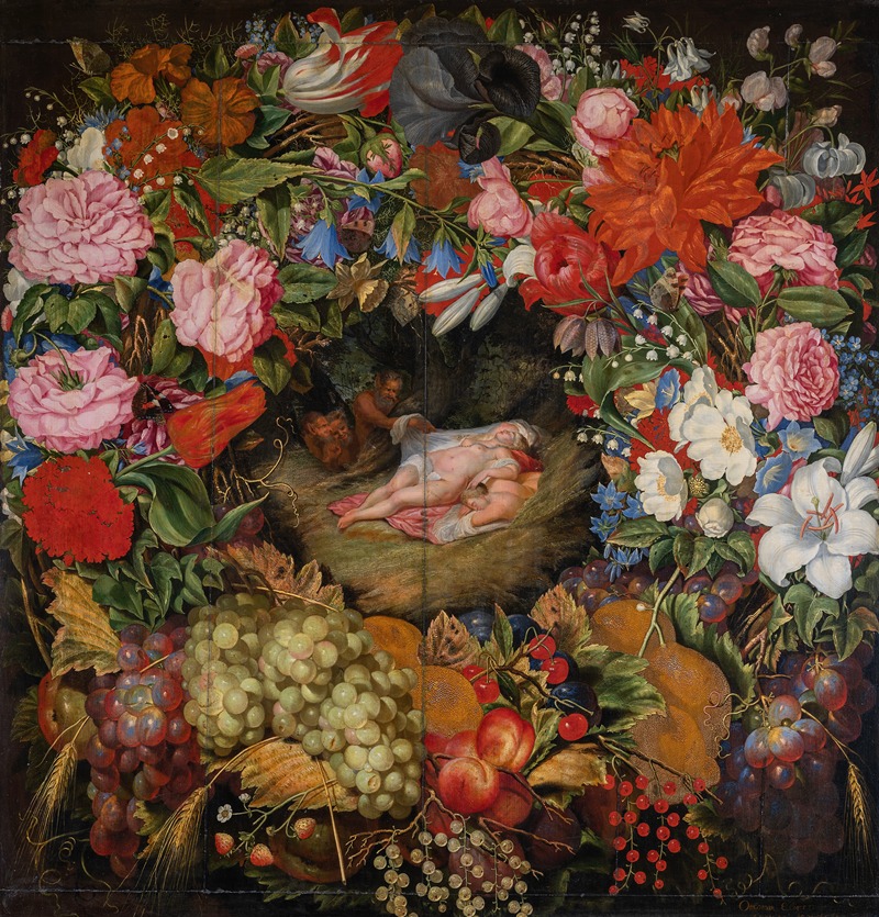Ottmar Elliger - Wreath of Flowers and Fruit with Centre-Piece after Rubens