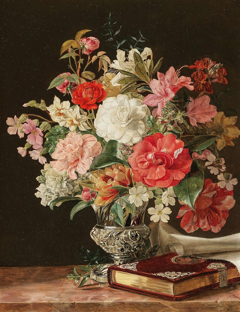 Rosalia Amon - A Bouquet of Flowers with Camellias in a Silver Vase