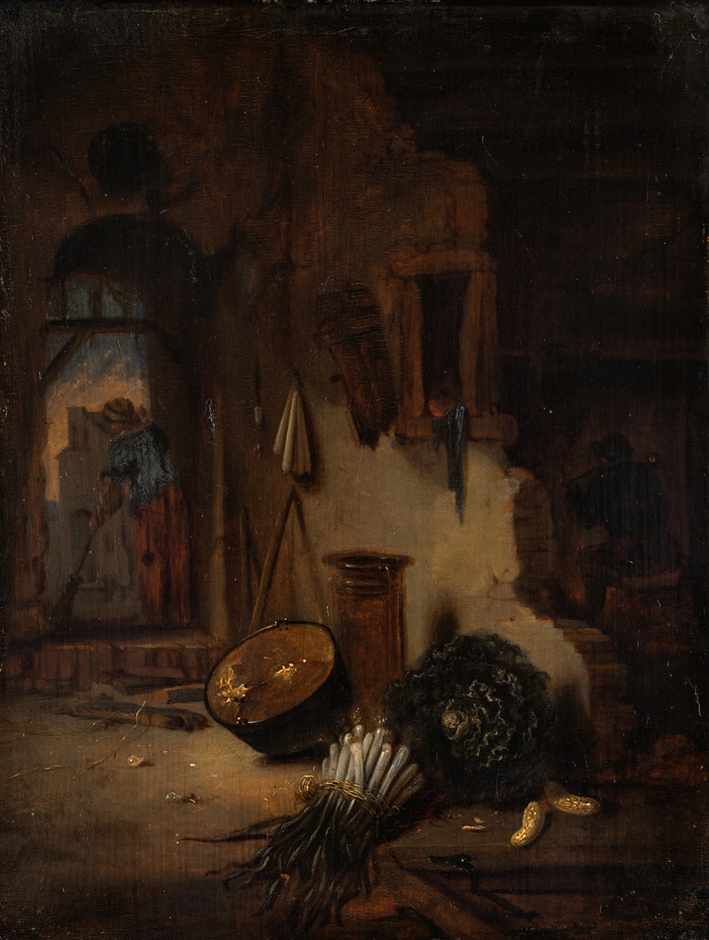 Willem Kalf - Kitchen Interior with Woman sweeping