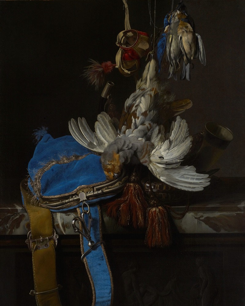 Willem van Aelst - Hunt Still Life with a Velvet Bag on a Marble Ledge