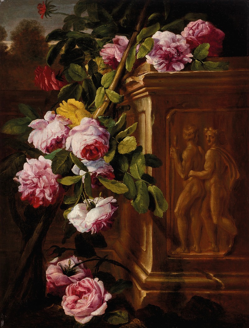 Abraham Brueghel - Roses in a garden with a sculpted plinth