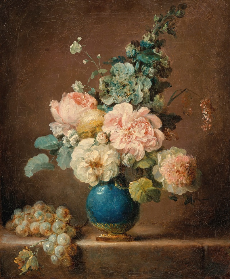 Anne Vallayer-Coster - Vase de fleurs et raisins posés sur un entablement