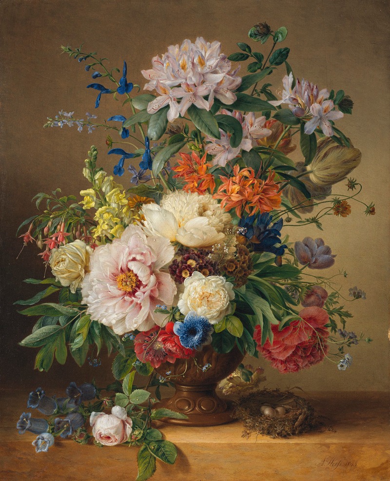 Anton Weiss - A peony, rhododendron, azalea, antirrhinum and larkspur in an in a sculpted urn on a stone ledge with a bird’s nest