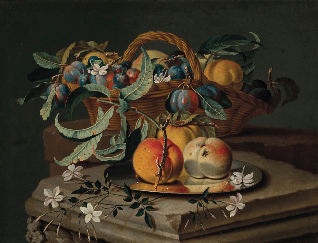 Christian Berentz - Peaches and plums in a basket and on a pewter plate, with flowers on a stone plinth