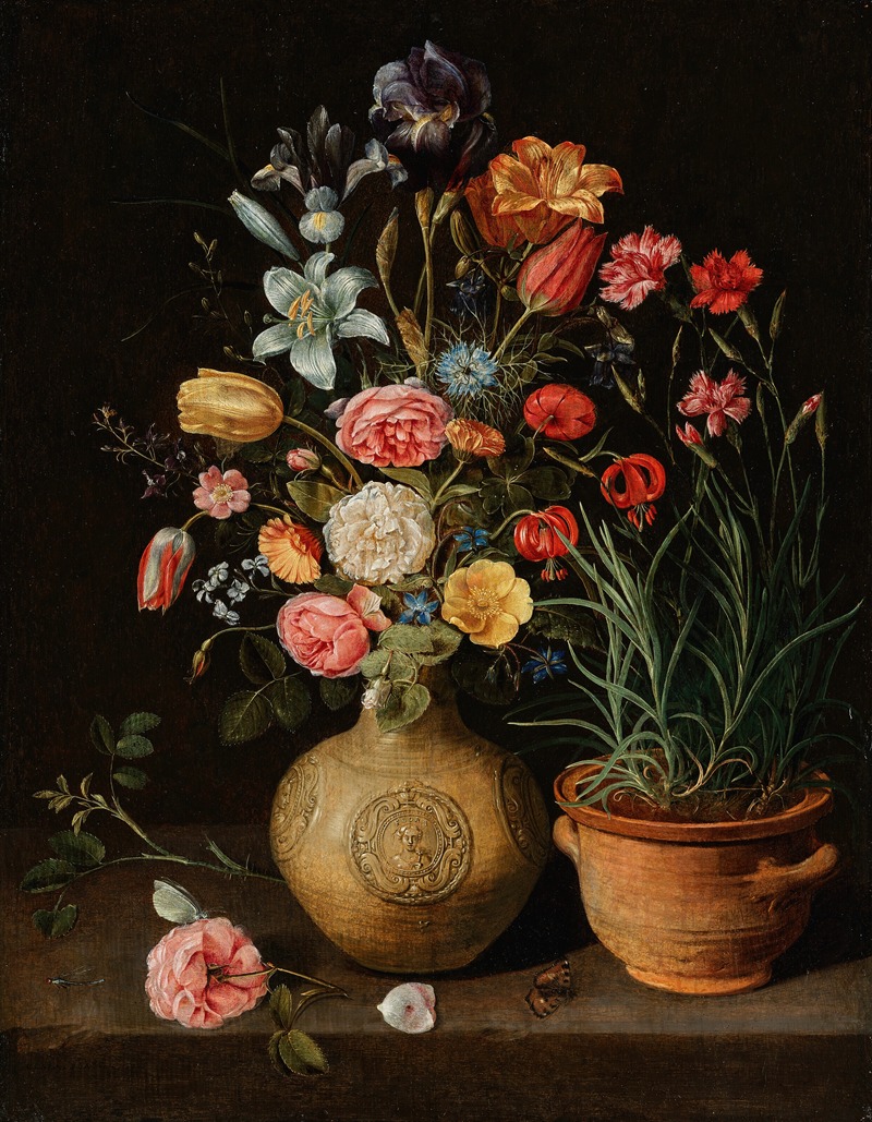 Clara Peeters - Roses, lilies, an iris and other flowers in an earthenware vase, with a pot of carnations and a butterfly on a ledge