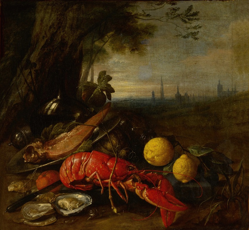 Cornelis de Heem - Still life of a lobster, oysters and lemons beneath a tree, with a view of Brussels beyond