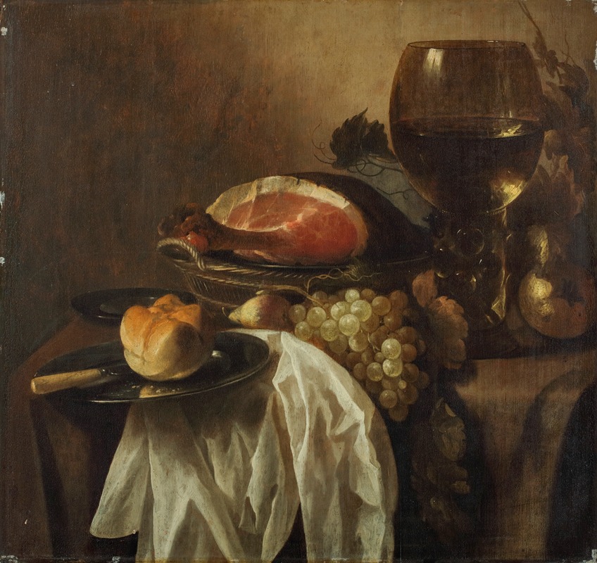 Cornelis Kruys - A pewter platter with a knife and bread roll, a wicker basket with a joint of ham, grapes and a pear, a roemer of wine on a partly-draped table
