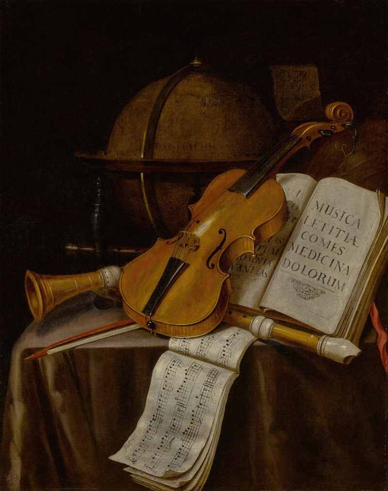 Edwaert Collier - Vanitas still life with a violin, recorders, music manuscripts, and a globe