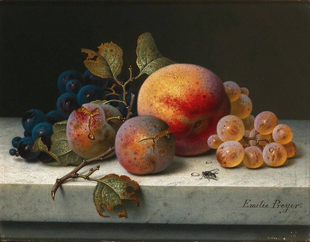 Emilie Preyer - Still Life with Peach, Plums, Grapes and a Fly