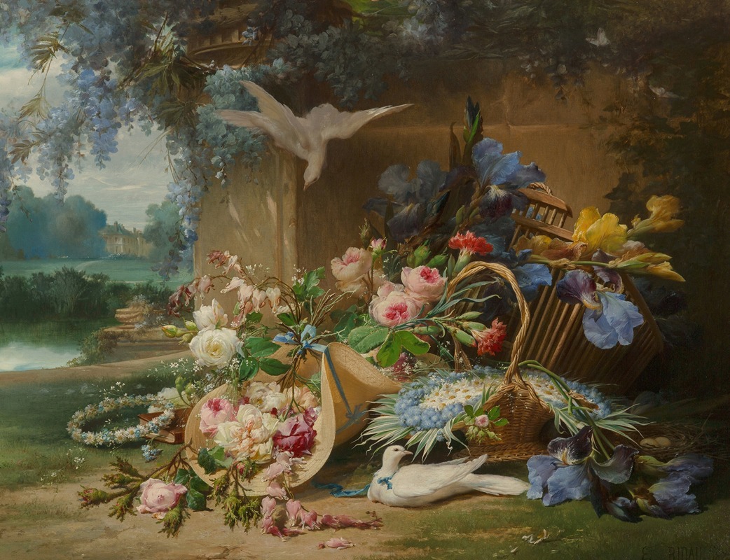 Eugène Bidau - Floral still life with doves and wisteria, in the gardens of a country estate