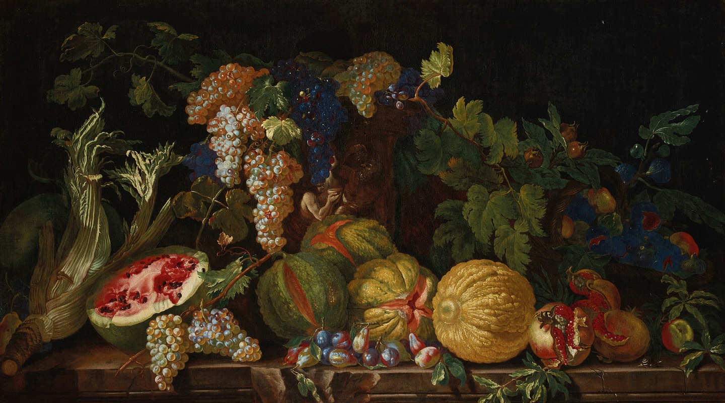 Filippo Lauri - Nature morte aux melons, grenades, raisins, pastèque et autres fruits et légumes sur un entablement