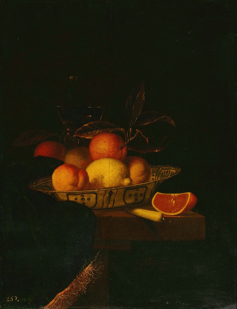 Hendrick Van Streek - Still life of assorted fruit in a Wanli porcelain bowl