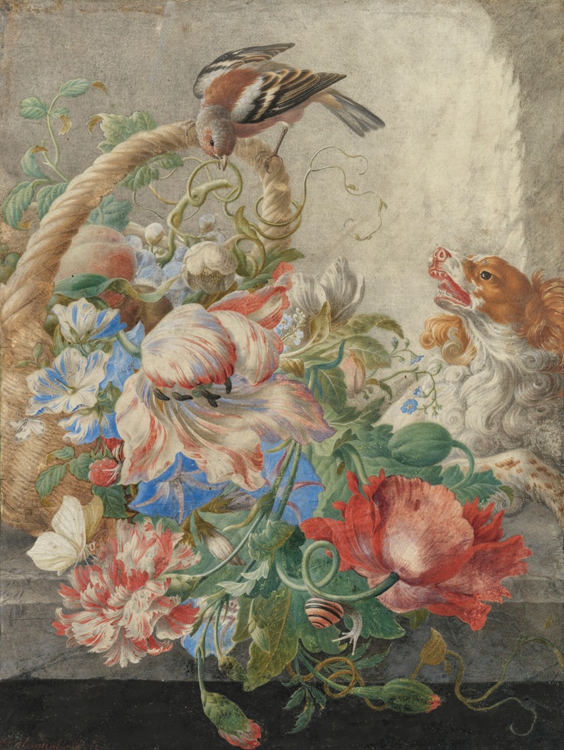 Herman Henstenburgh - A basket with flowers in a stone niche, with a barking dog and a bird