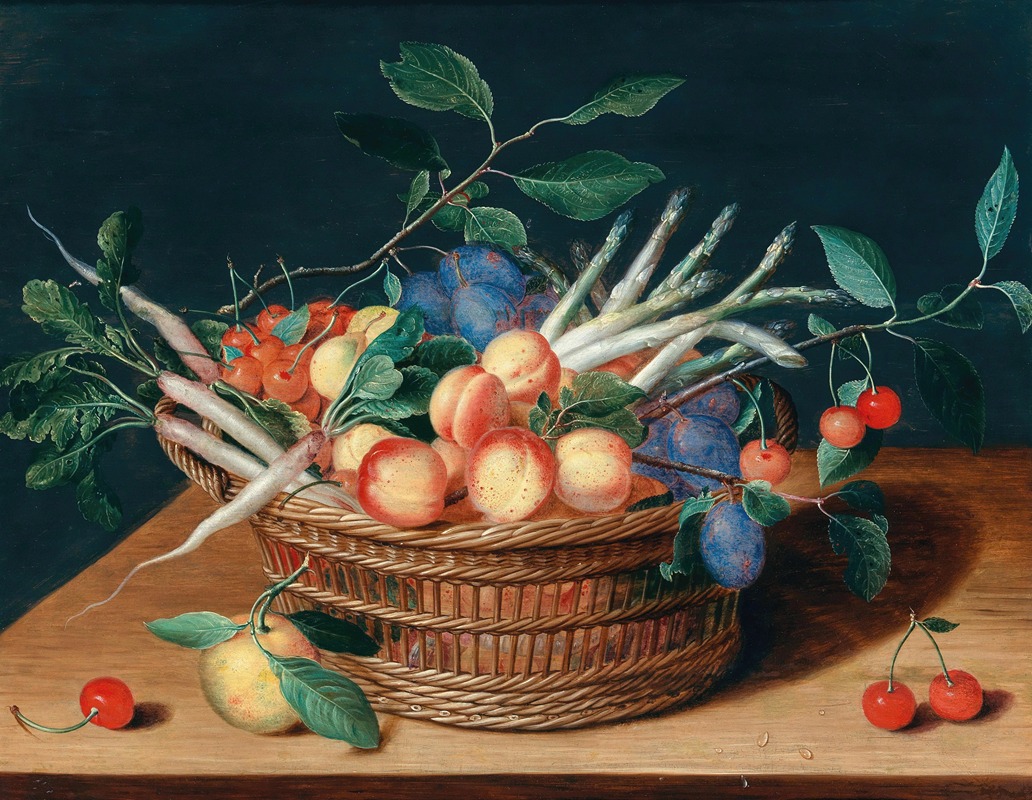 Isaac Soreau - Apricots, cherries, plums, radishes and asparagus in a wicker basket