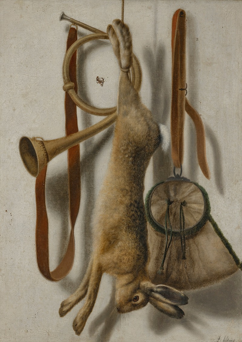 Jacob Biltius - Trompe l’œil of a hare, hunting horn and hunting satchel