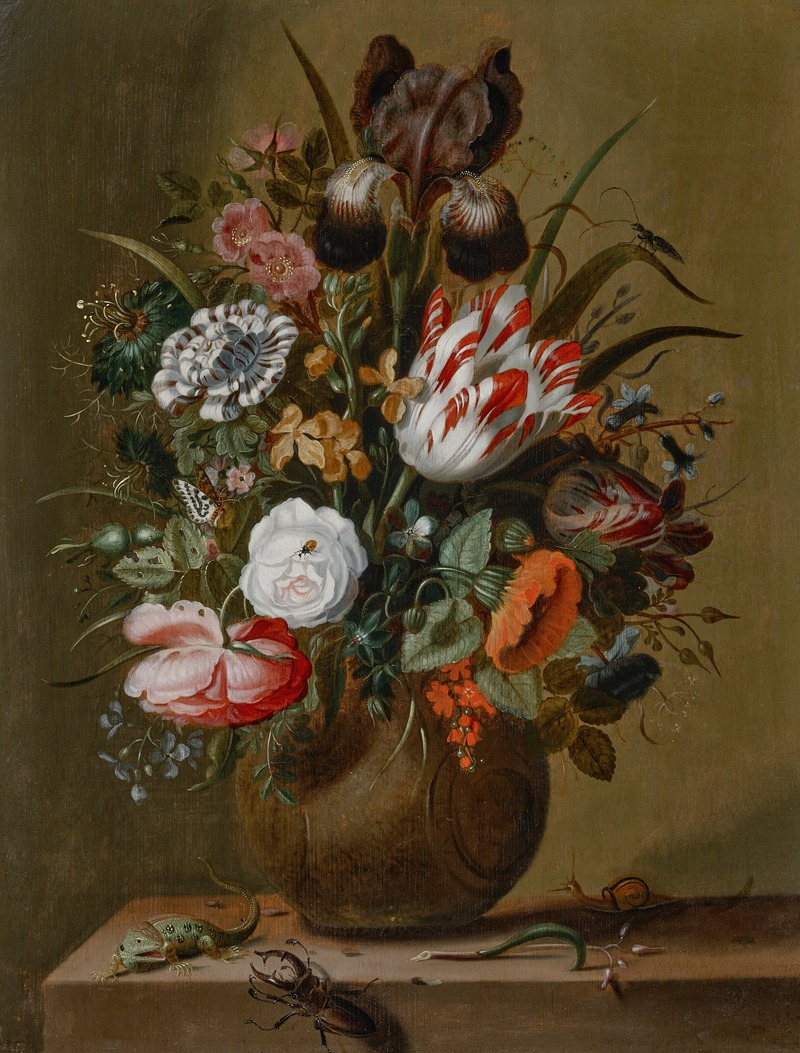 Jacob Marrel - Roses, tulips, an iris and other flowers in a stoneware vase on a ledge with a lizard, stag beetle and snail