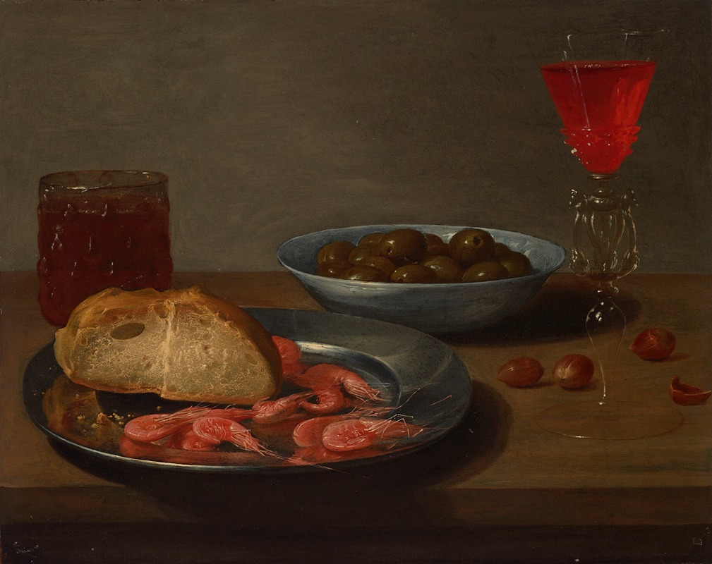 Jacob Foppens van Es - A plate with prawns and a roll, a bowl with olives, a façon de Venise, a glass of beer and almonds on a table
