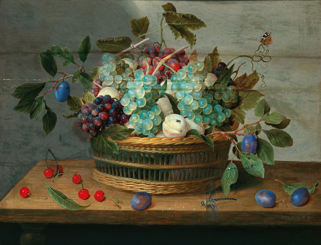 Jacob van Hulsdonck - Grapes, peaches, plums and cherries in a wicker basket with dragonfly and butterfly nearby