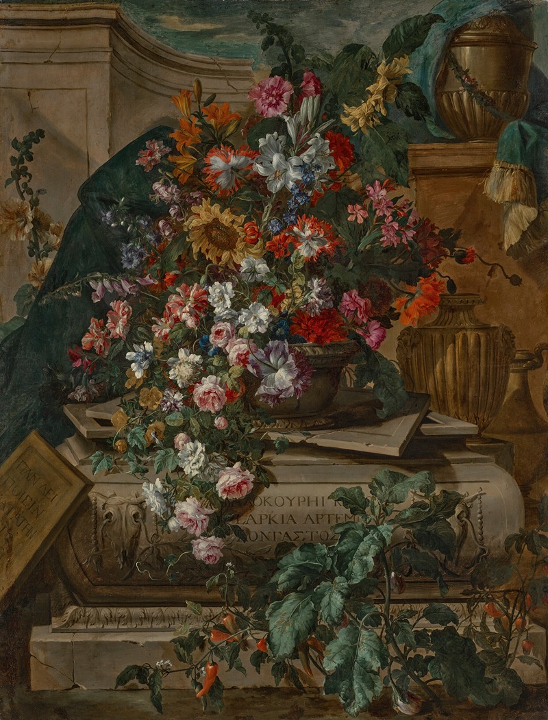 Jean-Baptiste Monnoyer - Flowers in an urn on a sarcophagus