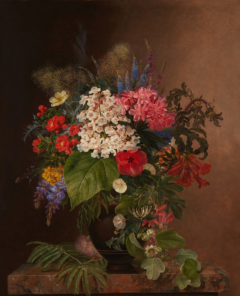 Johan Laurentz Jensen - Convulvulus, lupins, speedwell and fuschia in a vase