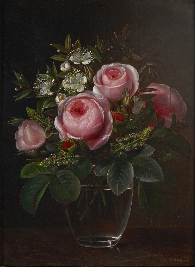 Johan Laurentz Jensen - Roses and Tree Anemones in a Glass Vase