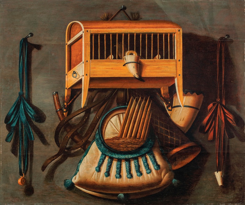 Johannes Leemans - A trompe l’oeil still life with a bird in a cage, a bird whistle, hunting horns and other hunting implements hanging on a wall