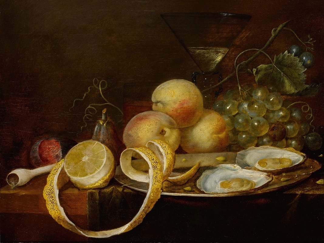Joris van Son - Tabletop still life, including two oysters on a pewter dish, a wine glass, a partially-peeled lemon, and an assortment of fruit