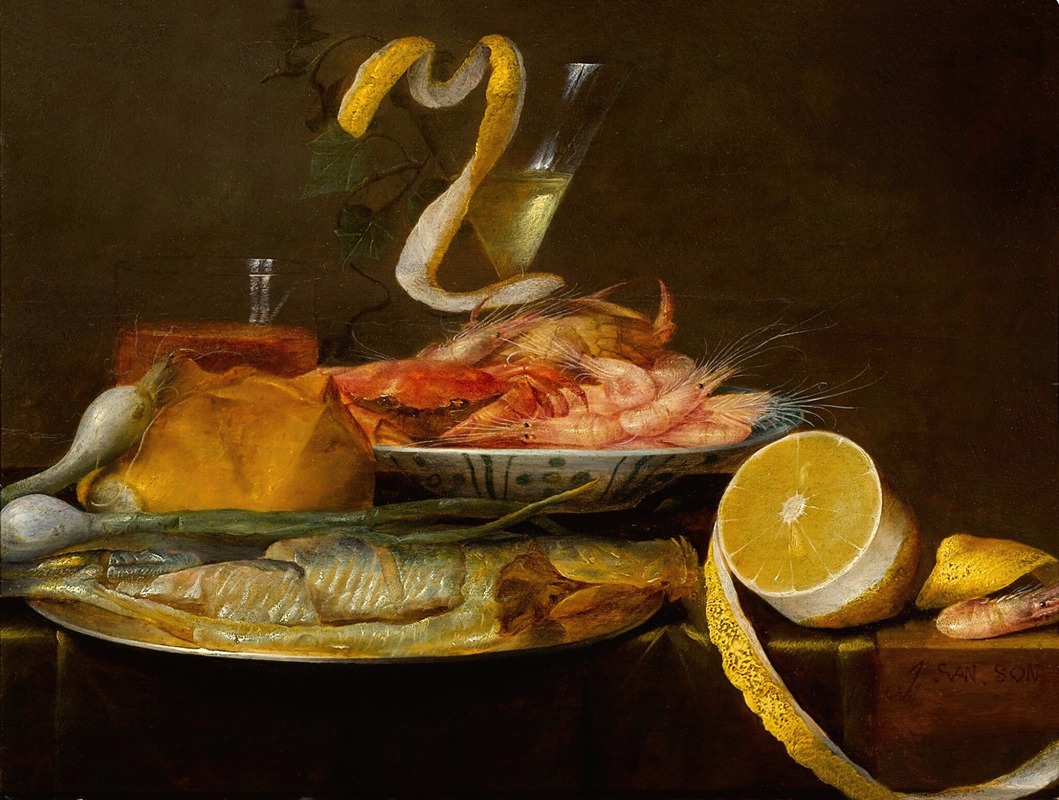 Joris van Son - Tabletop still life, including a herring on a pewter dish, a porcelain bowl of shrimp, a wine glass, and a partially-peeled lemon