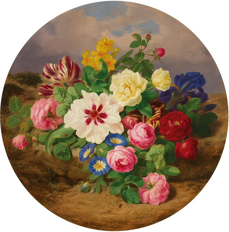Josef Lauer - A Bouquet of Roses, Tulips and Narcissus on Sandy Ground