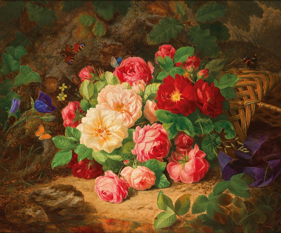 Josef Lauer - A Forest Floor with a Still Life of Roses and Butterflies