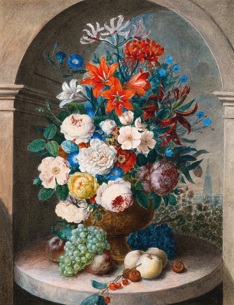 Joseph August Satory - A flower still-life, in the manner of 17th century Netherlandish artists, Saint Stephen’s cathedral in the far distance