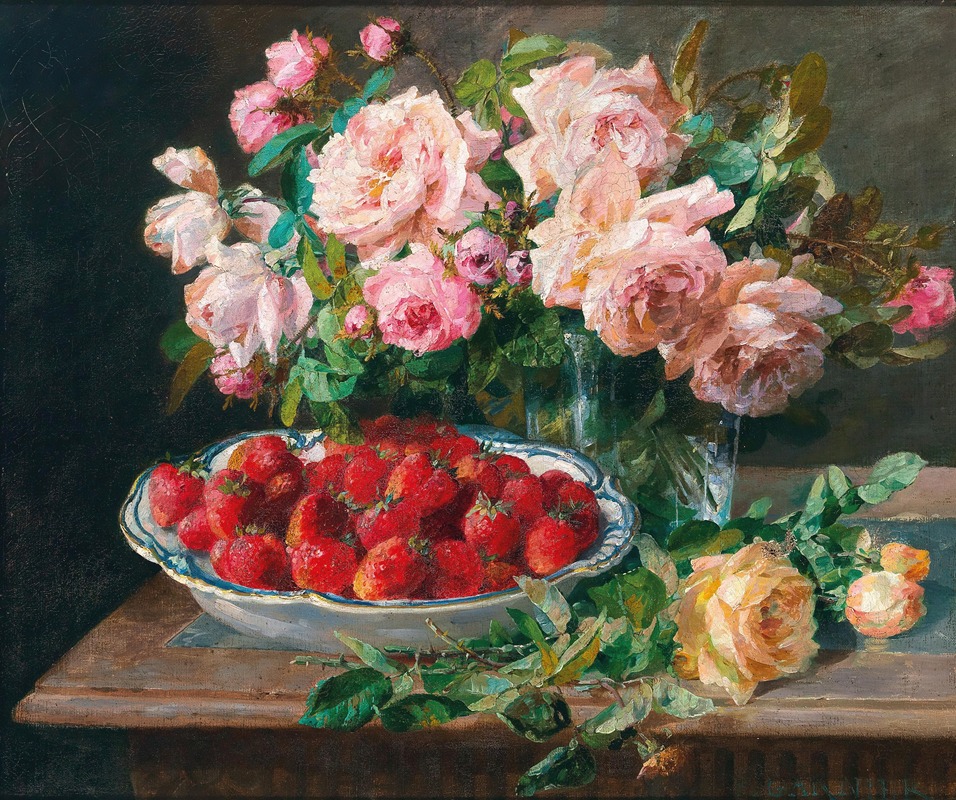 Pierre Garnier - Still Life with Roses and a Bowl with Strawberries