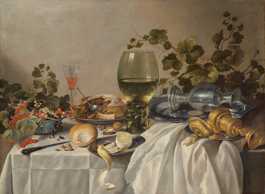 Pieter Claesz - Ontbijt of silver and glassware on a draped table, with vines, fruits and baked goods