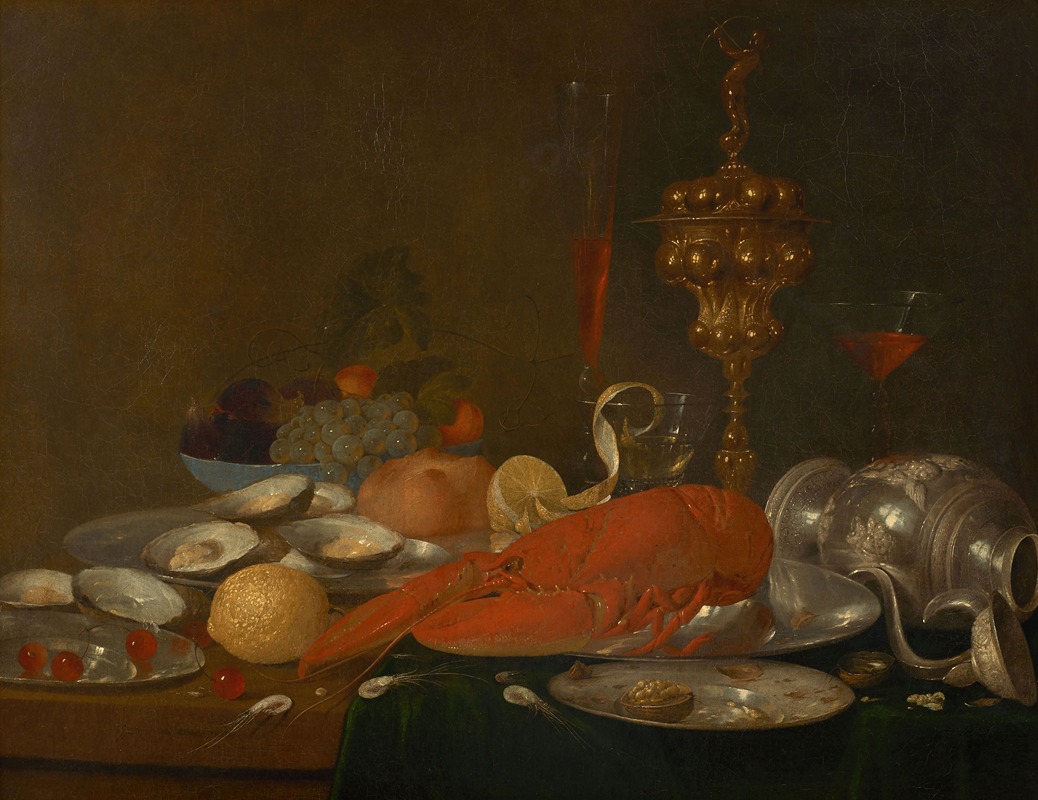 Andreas Benedetti - Homard, crevettes, plat d’huitres, verre de vin et orfèvrerie sur un entablement