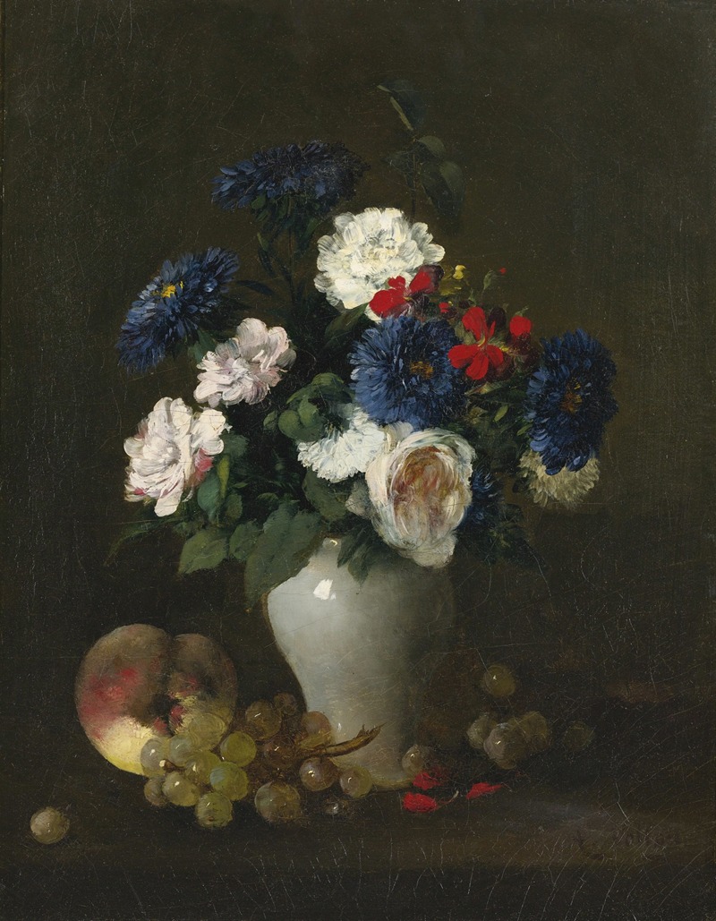 Antoine Vollon - Assorted Flowers in a Vase with Grapes and a Peach on a Table
