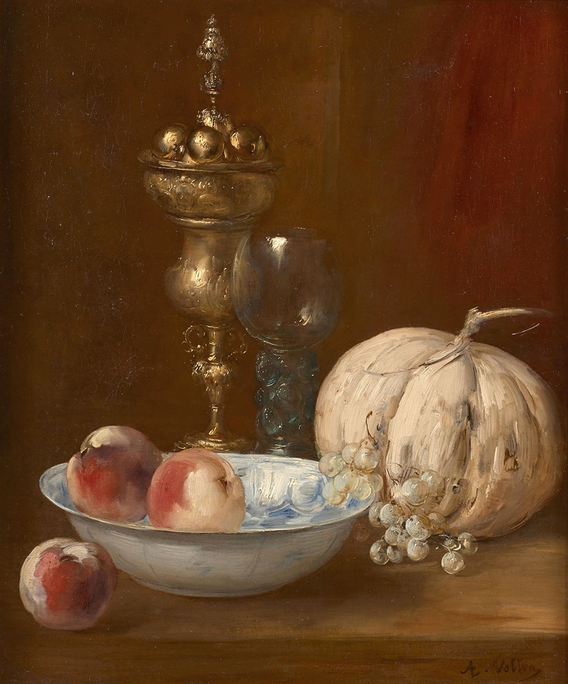 Antoine Vollon - Melon, coupe de fruits et pièce d’orfèvrerie sur un entablement
