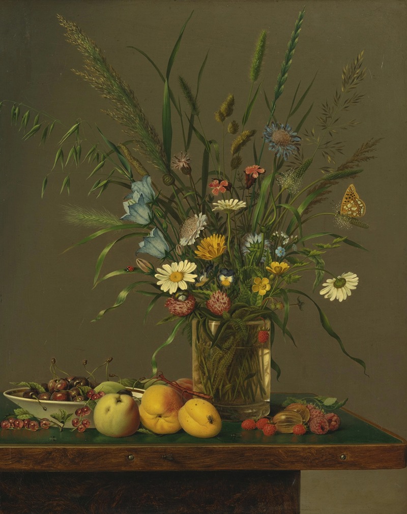 Anton Hartinger - Flowers in a Glass Vase and an Arrangement of Fruit