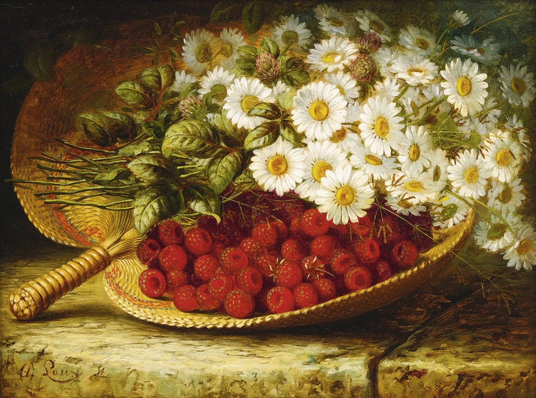 August Laux - Still Life with Daises and Raspberries on a Ledge