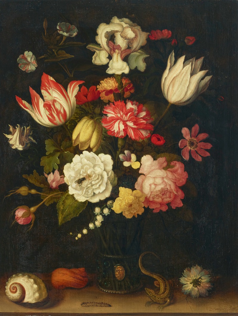Balthasar van der Ast - Tulips, carnations, roses and other flowers in a roemer with shells and a lizard on a ledge