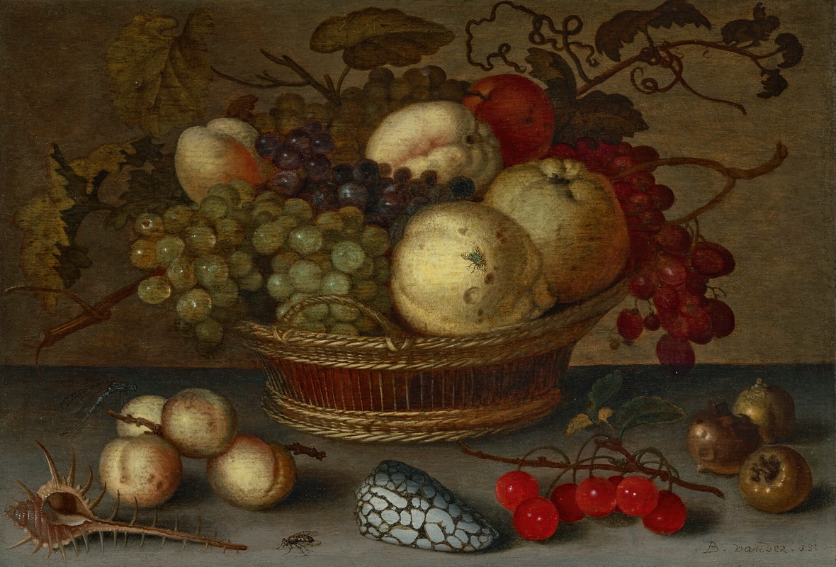Balthasar van der Ast - Apples and grapes in a basket, with fruit and shells on a stone ledge