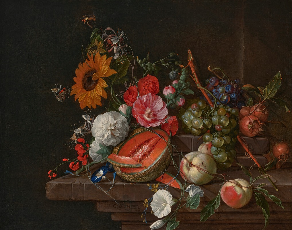 Cornelis de Heem - A melon, peaches, grapes, medlars, sunflowers, roses, peonies and other flowers with butterflies and other insects on a stone ledge