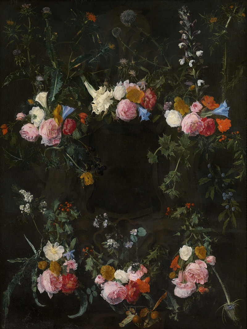 Daniel Seghers - Sculpted cartouche adorned with flower garlands 