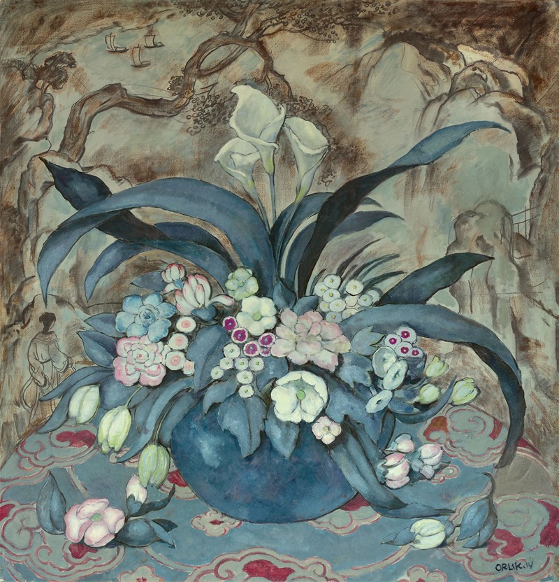 Emil Orlik - Large Flore Still Life in Blue Vase