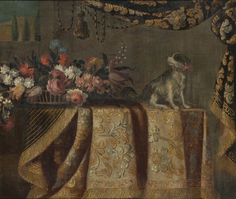 Francesco Noletti - Still Life of Flowers with a Toy Spaniel, all on a draped table