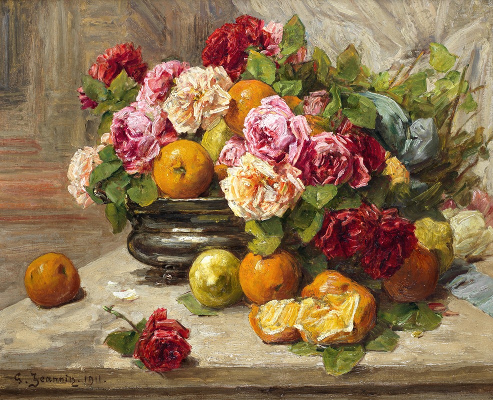 Georges Jeannin - Still life of roses and fruit