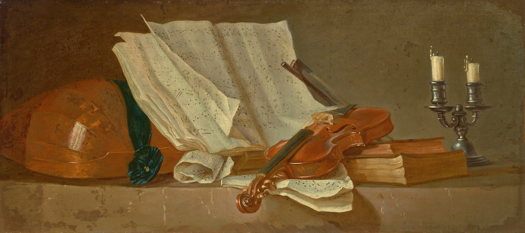 Henri-Horace Roland De La Porte - A musical score on a reading stand, a violin and a bow, a lute, a candlestick and books on a ledge