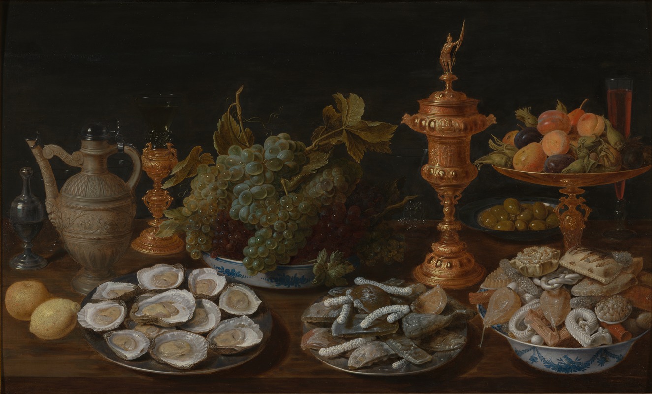 Jacob Foppens van Es - Still life with oysters, fruit, sweets and costly vessels