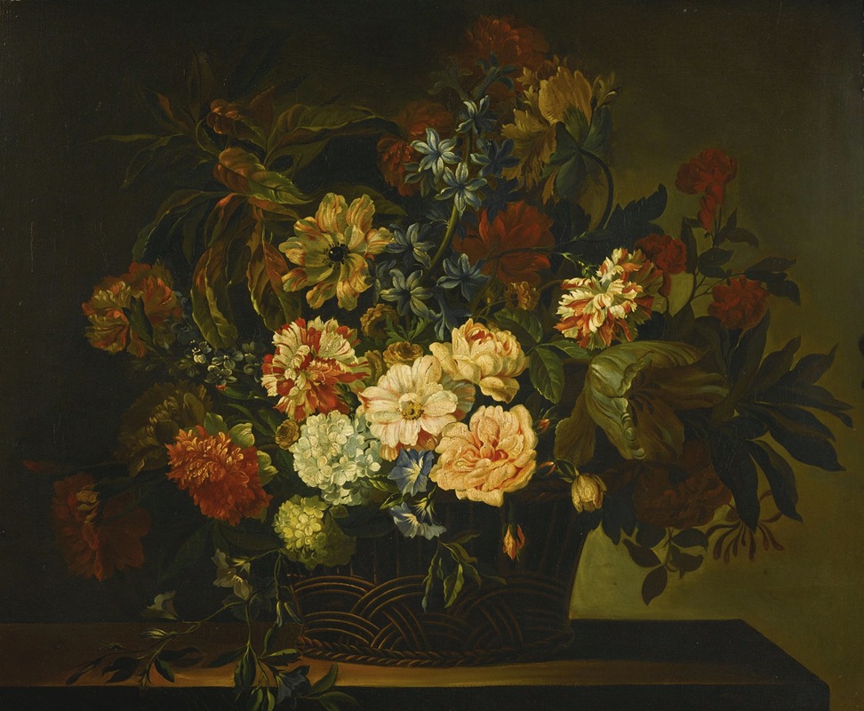 Jean-Baptiste Monnoyer - Dahlias, Tulips, Honeysuckle and other flowers in a basket on a table