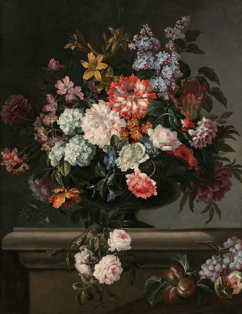 Jean-Baptiste Monnoyer - Vase de fleurs et fruits sur un entablement