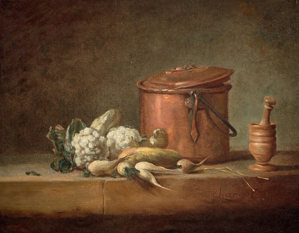 Jean Siméon Chardin - Marmite de cuivre, choux-fleurs et égrugeoir avec son pilon sur un entablement